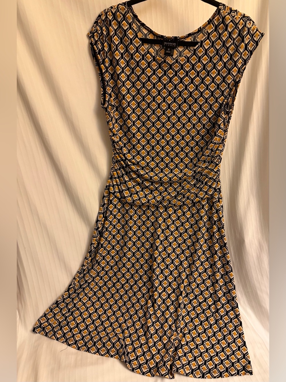 Ochre yellow/ mustard gold dress with mid century repeating diamond cubist shape
